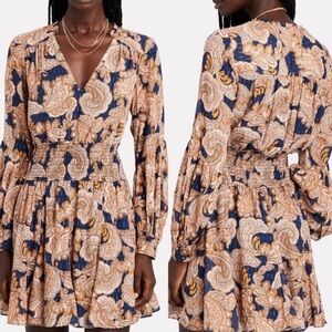 INTERMIX Dorinda Smocked Paisley Mini Dress - Blue and Tan